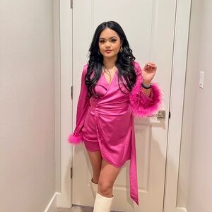 White fox Pink Wrap Dress with fur (used once)